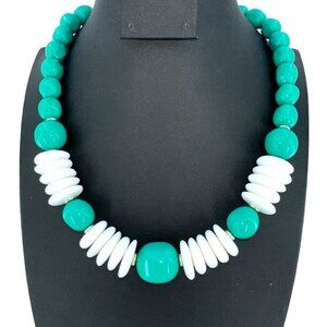 Teal Green and White Multi-Shape Beaded Collar Necklace 19"